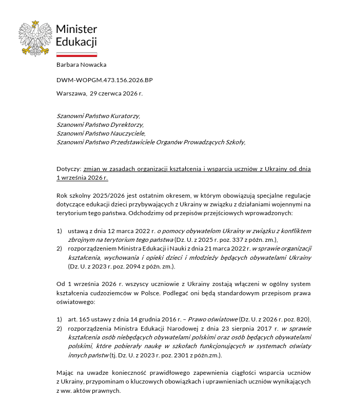 Zmiany w zasadach organizacji kształcenia i wsparcia uczniów z Ukrainy od 1 września 2026 r.