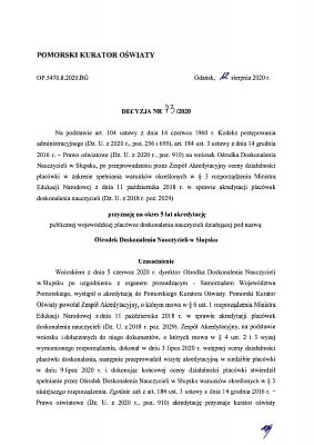 Akredytacja Pomorskiego Kuratora Oświaty 12.08.2020 r.